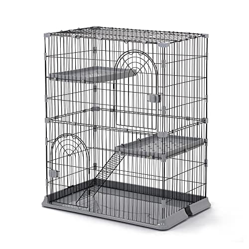 キャットケージ 猫 ケージ 2段 1段可能 棚板付き 梯子付き 簡単組み立て スチール 幅100×奥行66×高さ120cm (グレー)