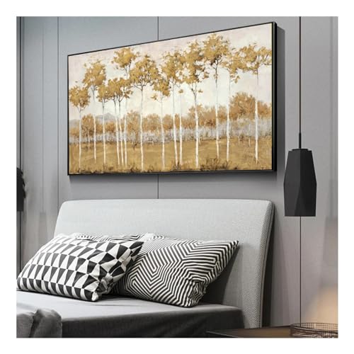 Arbres dorés abstrait toile mur art paysage peinture moderne cadre 70x140