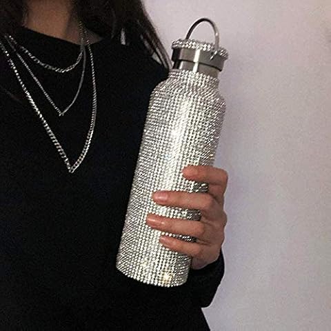 350/500/750ml Diamond Water Bottle, Sparkling Rhinestone Insulated Bottle,Thermoses Cups for Hot Drinks Leakproof Silver 350ml Cover