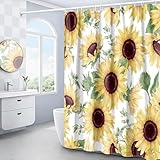 Domoku White and Yellow Shower Curtain Sunflower Shower Curtain, Farmhouse Floral Shower Curtain Set for Bathroom Shower Curtains,Waterproof Fabric with 12 Hooks, 72''W x 72''H