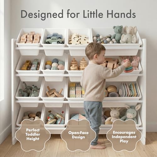 Image of Humble Crew Toy Storage Organizer with 16 Removable Storage Bins for Kids Playroom, 4-Tier Toddler Toy Organization and Storage, White /White