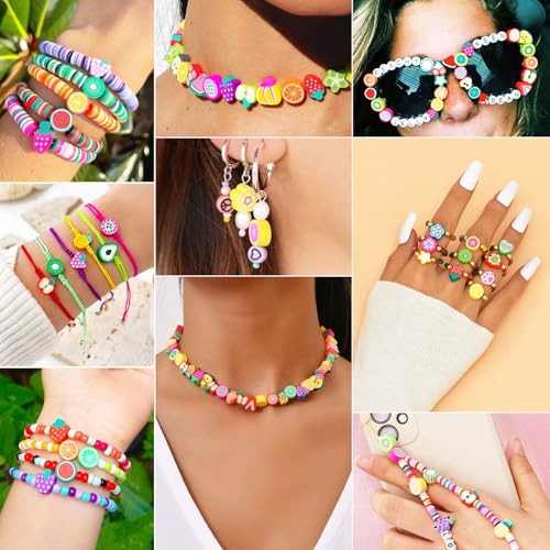 Image of Gionlion Fruit Polymer Clay Beads Bracelet Making Kit, Colorful Clay Beads with Lemon, Strawberry, Avocado, and Watermelon Designs for DIY Jewelry, Bracelet & Necklace Making Crafts