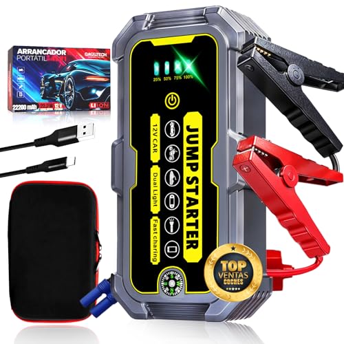 GARRTECH® Super Arrancador De Baterias De Coche 5000A Ultra RÁPIDO | Arrancador De Coches 12V para Motor 7.0L Gas o 5.5L Diésel | Arrancador De Coches Portatil con Pinzas | Linterna Led De Emergencia