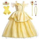 [CQDY] ベル ドレス 子供用 プリンセス ドレス（美女と野獣風ドレス+ティアラなど） ７点セット キッズコスチューム 仮装 フォーマルドレス お姫様 ワンピース 誕生日/パーディー/七五三/記念撮影用/遊園地でも快適 (8-9Y, イエロー)
