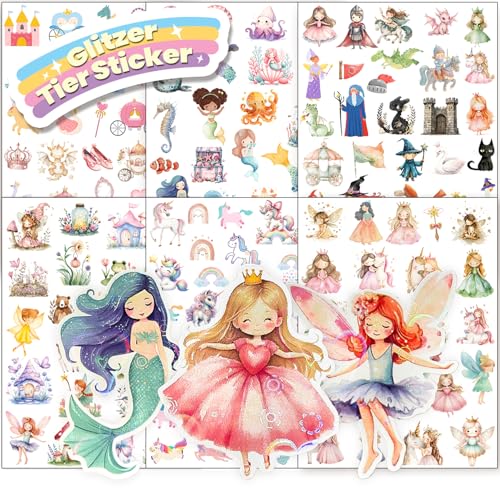 Hongma Märchen Glitzer Sticker mit Glitzereffekt 6pcs Über 150 Motiv Glitzersticker Feen Aufkleber Holografische für Kinder Mädchen Scrapbooking Fotoalbum Geschenke (Nicht Reflektierend)
