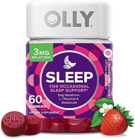 OLLY Sleep Gummy, Occasional Sleep Support, 3 mg Melatonin, L-Theanine, Chamomile, Lemon Balm, Sleep Aid, Strawberry, 60 Count (Pack of 1)