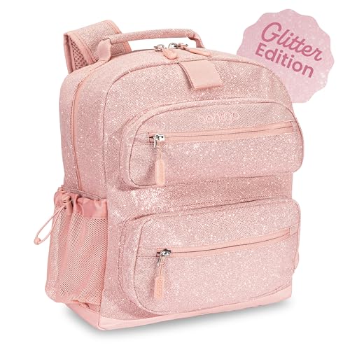 Bentgo Kids Glitter Backpack - Lightweight 14” Backpack for School, Travel & Daycare, Ideal for Ages 4+, Durable & Water-Resistant, Roomy Interior, & Loop for Lunch Bag (Glitter Edition - Petal Pink)