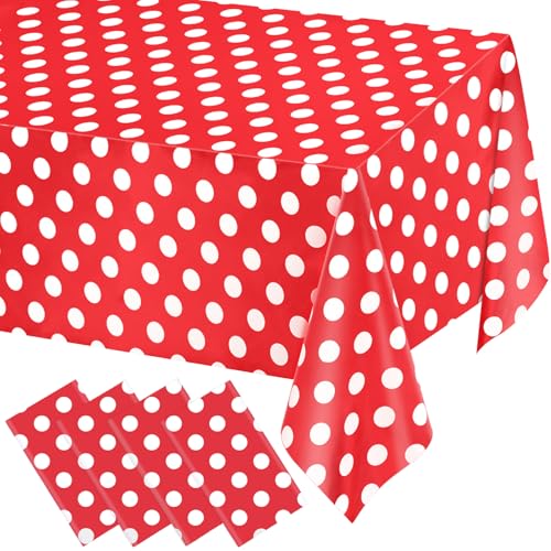 Image of WNINK 4 Pack Red and White Polka Dot Tablecloths - Disposable Plastic Waterproof Table Cover, 54 inch x 108 inch, for Birthday, Wedding, Bridal Shower, Bachelor Party, and Picnic