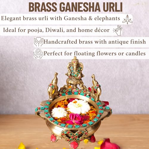 Image of Niyara Handmade Earthenware Clay Decorative Bowl, Urli, Flower Pot (Ganesha Design Golden with Green)