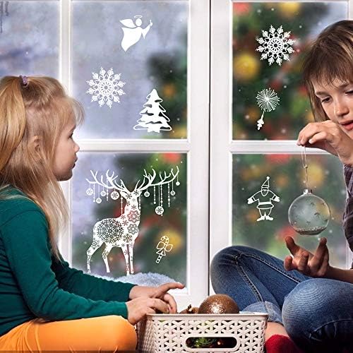 Uoging Christmas Window Sticker White Christmas Reindeer Snowflake Xmas Tree Static PVC Stickers Removable DIY Wall Decal Mural Stickers for Home Party New Year Supplies