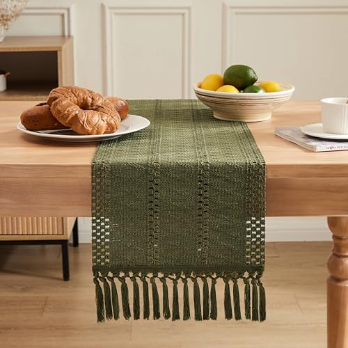 Image of ZeeMart Macrame Style Boho Table Runner, 12x72 Inch Moss | Woven Boho Table Runner with Handmade Tassels, Crochet Hollow Table Scarf, Farmhouse Kitchen Home Decor Dresser Runner