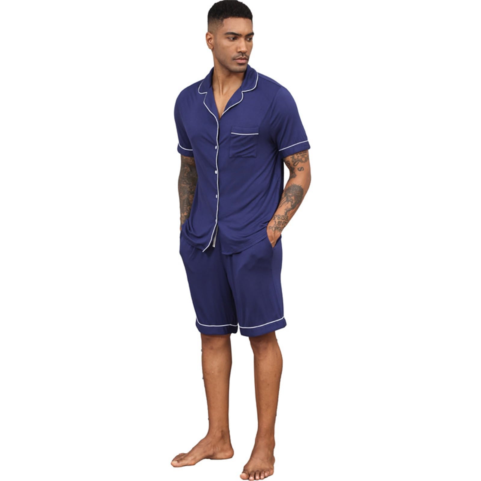 Pigiama Uomo Cotone Manica Corto, Pigiama Uomo Cotone Leggero Due Pezzi Set Da Notte Tops a Manica Corta E Pantaloncini a Quadretti Da Casa Pigiami Da Uomo Estivi Completi Estivi Set Semplici E Comodi