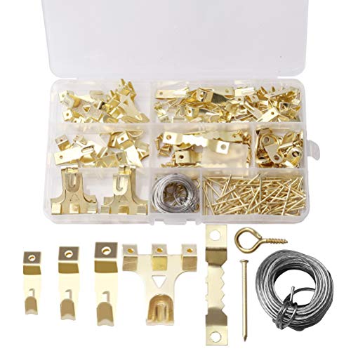 Siming - Ganchos para colgar cuadros (resistentes, marco de fotos, clavos de pared, kit para colgar cuadros de pared, con clavos sostiene montaje en pared, color dorado, dorado