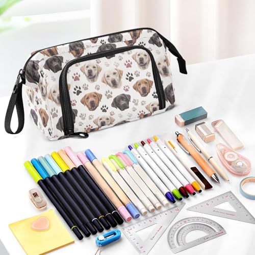 Image of Funny Labrador Dog Large Capacity Pencil Case Pen Bag Pencil Pouch, Kids Printed Pencil Case with Handle Canvas Zipper Pen Pouch for School Office College Ideal Start Graduation Gifts