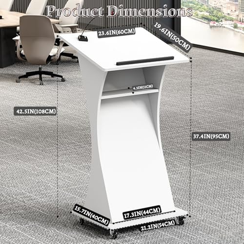 Image of Portable Rolling Wooden Podium Stand with Lockable Wheels, 42.5 inch Height, Lightweight White Lectern for Churches, Presentations & Events, Mobile Pulpit for Easy Use