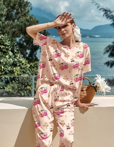 Image of Ekouaer Womens Satin Silky Pajama Set Short Sleeve Shirt with Long Pajama Pant Set Soft PJ Loungewear