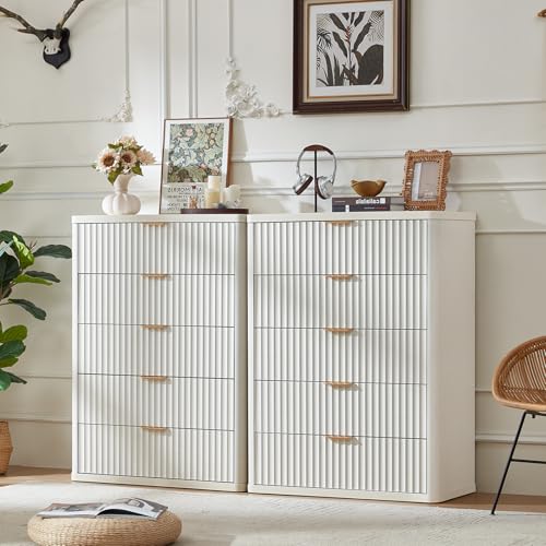Image of LEYAOYAO Fluted 5 Drawers Dresser for Bedroom, 41 inch Tall Modern Chest of Drawers with Metal Handle, Curved Profile Farmhouse Closet Organizer Wood Dressers TV Stand for Living Room,Antique White