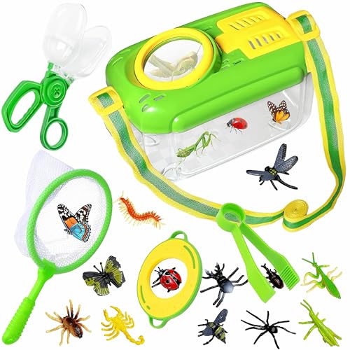 Kulveanju Kit Explorador Niños 17 en 1 - Kit Caza Insectos, con Caja Insectos, Lupa, Red de Mariposas, Pinzas, 12 Insectos Juguete, Juegos Aire Libre, Cumpleaños para 3 4 5 6 Años