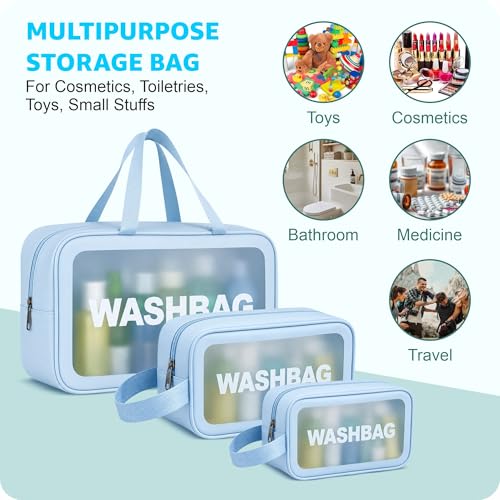 Image of FLYNGO Pvc Clear Makeup Pouch Set, Cosmetic Organizer Bag for Women and Girls Travel Waterproof Toiletry Storage Kit (Set of 3 Light Blue)