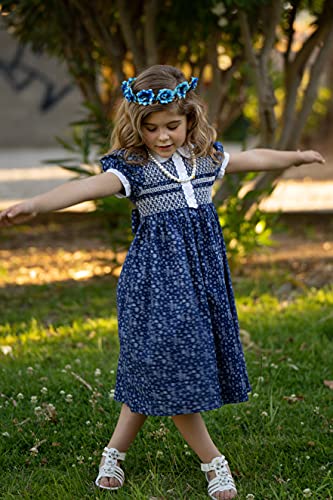 Pettigirl Girls Smocked Dress Vitange Blue Daisy Floral Pattern4
