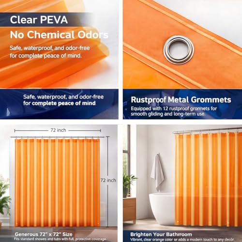 Image of EHZNZIE Orange Shower Curtain Liner 72x72, PEVA Waterproof Bath Curtain, No Chemical Smell, 3 Weighted Magnets, Durable with Rustproof Metal Grommets