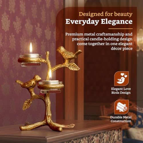 Image of Amazon Brand - Solimo Metal Birds Tree Tea Light Candle Holder | Gold Finish | Decorative Centerpiece for Home, Living Room & Puja | Good Luck Gift with Glass for Votive Candle (Candles Not Included)