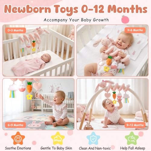 Image of Stuffed Pink Bunny Spiral Car Seat Toys for Baby Girls 0-6 Months, Infant Stroller Toy with Plush Carrot & Star Teether Hanging, Baby Registry Search & Shower Gifts for Newborn Girls