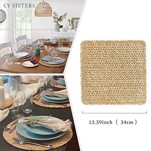 Image of Square Woven Placemats Set of 4 Straw Table Placemat Extra Wide Braided Rattan Place Mats for Square Plates Farmhouse Placemat Wipeable Wicker Outdoor Placemats for Patio Table 13.4''