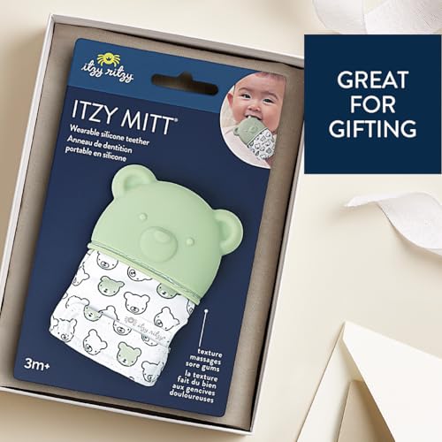 Image of Itzy Ritzy Silicone Teething Mitt - Soothing Infant Teething Mitten with Adjustable Strap, Crinkle Sound & Textured Silicone to Soothe Sore & Swollen Gums - for Ages 3 Months & Up (Bear)