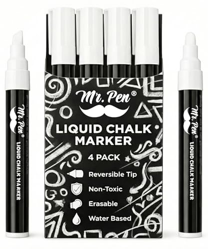 Mr. Pen- White Chalk Markers for Blackboard, 4 Pack, Reversible Tip, White Liquid Chalk Marker,