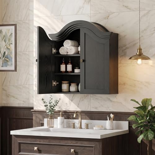 Armario de pared para baño, negro | con arco ondulado en la parte superior, estante ajustable, almacenamiento sobre el inodoro, puerta rebajada, botiquín miniatura 7