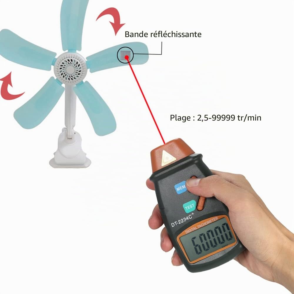 Compte-tours numérique portable - Tachymètre laser - Portée sans contact - 2,5 tr/min - 99,999 tr/min - Écran LCD - Compte-tours moteur avec 3 films réfléchissants