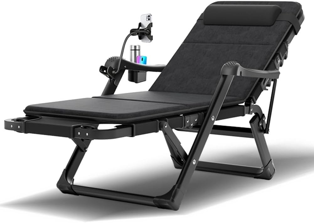 Lounge Chair Outdoor Chaise 2 in 1 Folding Cot with Pillow and Cup Holder 5 Position Reclining Patio Chairs Adjustable Lawn Recliner Chair for Beach Yard Camping Steel Frame (Color : A+cushi