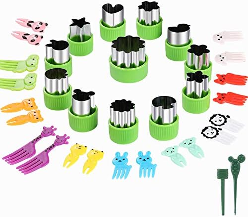 Vegetable Cutters Shapes Set, 12pcs Stainless Steel Mini Cookie Cutters, Vegetable Cutter and Fruit Stamps Mold + 20pcs Cute Cartoon Animals Food Picks and Forks -for Kids Baking and Food Supplement