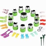 Vegetable Cutters Shapes Set, 12pcs Stainless Steel Mini Cookie Cutters, Vegetable Cutter and Fruit Stamps Mold + 20pcs Cute Cartoon Animals Food Picks and Forks -for Kids Baking and Food Supplement