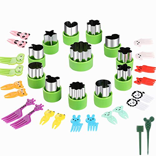 Vegetable Cutters Shapes Set, 12Pcs Stainless Steel Mini Cookie Cutters, Vegetable Cutter And Fruit Stamps Mold + 20Pcs Cute Cartoon Animals Food Picks And Forks -For Kids Baking And Food Supplement #TOP6