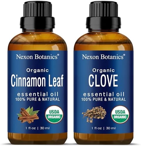 Organic Clove Bud Oil and Organic Cinnamon Oil - 100% Natural, Pure, Therapeutic Grade Essential Oils for Diffusers, Aromatherapy, Personal Care - Natural Mood Enhancers - Bundle by Nexon Botanics