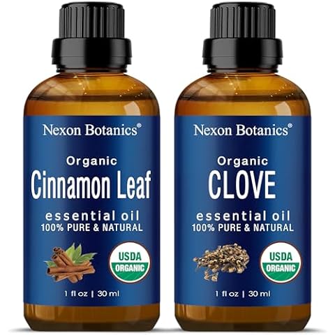 Organic Clove Bud Oil and Organic Cinnamon Oil - 100% Natural, Pure, Therapeutic Grade Essential Oils for Diffusers, Aromatherapy, Personal Care - Natural Mood Enhancers - Bundle by Nexon Botanics Cover