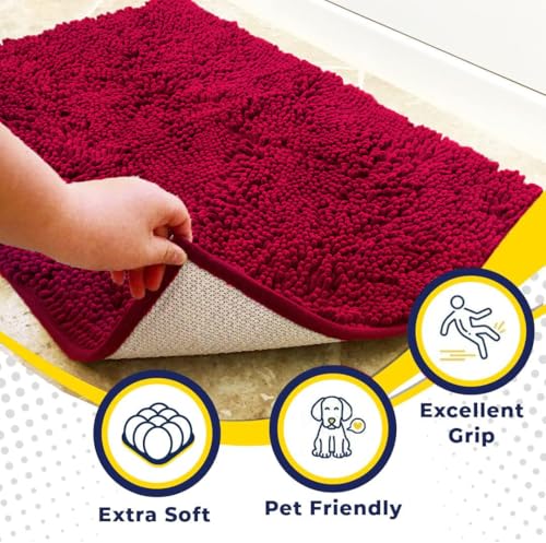 Muddy Mat® AS-SEEN-ON-TV Highly Absorbent Microfiber Door Mat and Pet Rug, Non Slip Thick Washable Area and Bath Mat Soft Chenille for Kitchen Bathroom Bedroom Indoor and Outdoor - Maroon 24" x 72"