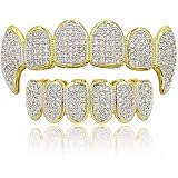 canjoyn 18K Gold Plated All Iced Out Luxury Cubic Zirconia Face Diamond Gold Teeth Grillz Set with M