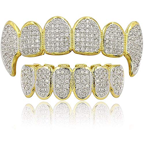 canjoyn 18K Gold Plated All Iced Out Luxury Cubic Zirconia Face Diamond Gold Teeth Grillz Set with Molding Bars Included for Men Women