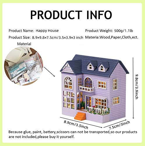 Diy Miniature Wooden Dollhouse Furniture Kit,Mini Handmade Doll House With Led,1:24 Scale Creative Woodcrafts Toys For Adult Friend Lover Birthday Gift (Happy House) #TOP4