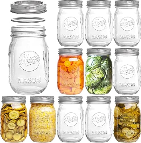 Tebery 12 Pack Printed Glass Jars 16oz (480ml) Mason Glass Jars with Regular Mouth Canning Glass Jars with Lids