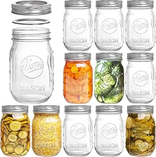 Tebery 12 Pack Printed Glass Jars 16oz (480ml) Mason Glass Jars with Regular Mouth Canning Glass Jars with Lids
