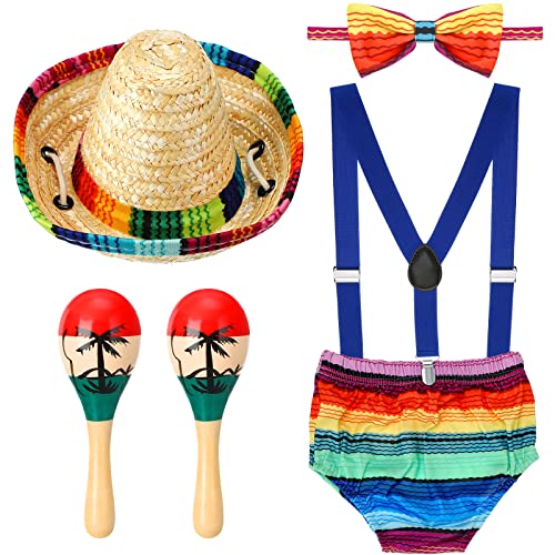 Geyoga Baby 1st Birthday Mexican Outfit Cake Smash Outfit Suspender Bloomers Tie Hat with Wood Rumba Shakers Rattle(Bright Style)