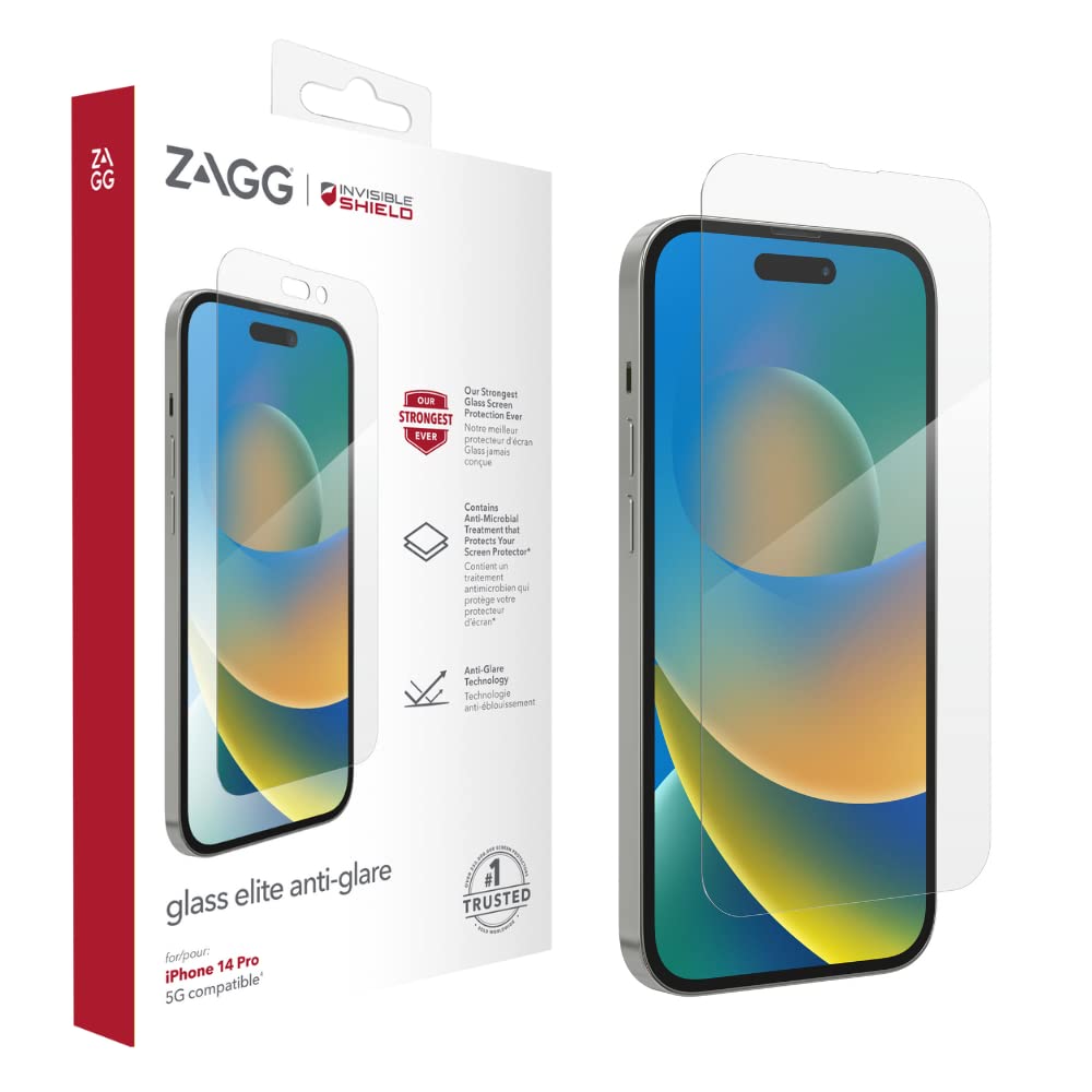 ZAGGInvisibleShield Glass Elite Screen Protector for iPhone 14 Pro, Anti-Glare, Shockproof, Smudgeproof, Scratch Resistant, Anti-Microbial, (Clear)