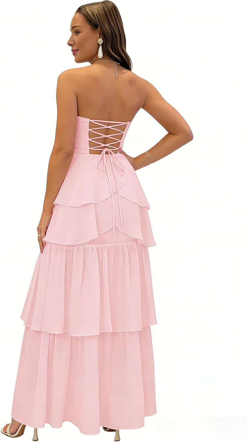 Tiered Prom Dresses Long Chiffon Ruffle Bridesmaid Dress Strapless Pleated Ball Gown