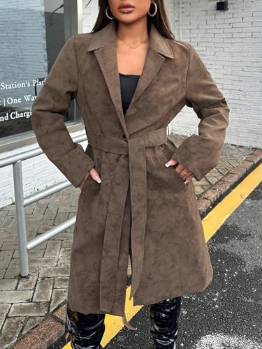 Long Suede Trench Coat Women Faux Leather Jacket Loose Button Lined Jacket Open Front Motorcycle Coat with Belt3