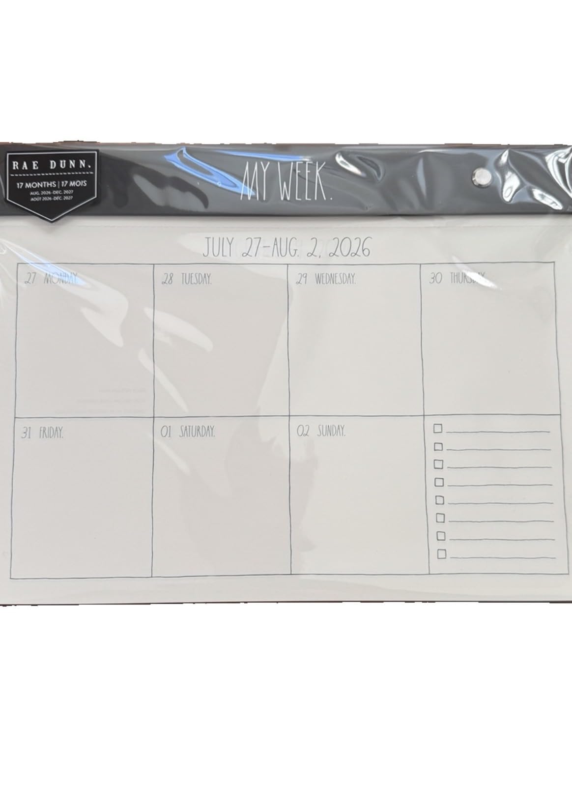 My Week Planner Calendrier scolaire 17 mois mensuel août 2026 à décembre 2027 28 x 22,9 cm Noir