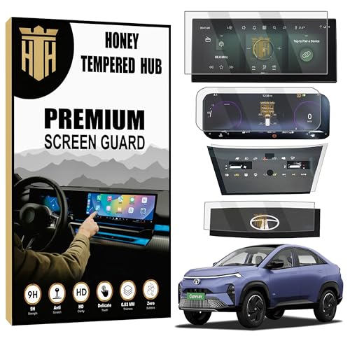 HONEY TEMPERED HUB (4 PACK) Screen Guard For NEW TATA CURVV EV 2024 / 12.3 INCH INFOTAINMENT [SHARP CORNERS] + INSTRUMENT CLUSTER + STEERING + AC PANEL Protector / Curvv.EV Empowered+ & Empowered+A Car Digital Display Accessories [Not Tempered Glass] 12.3 INCH